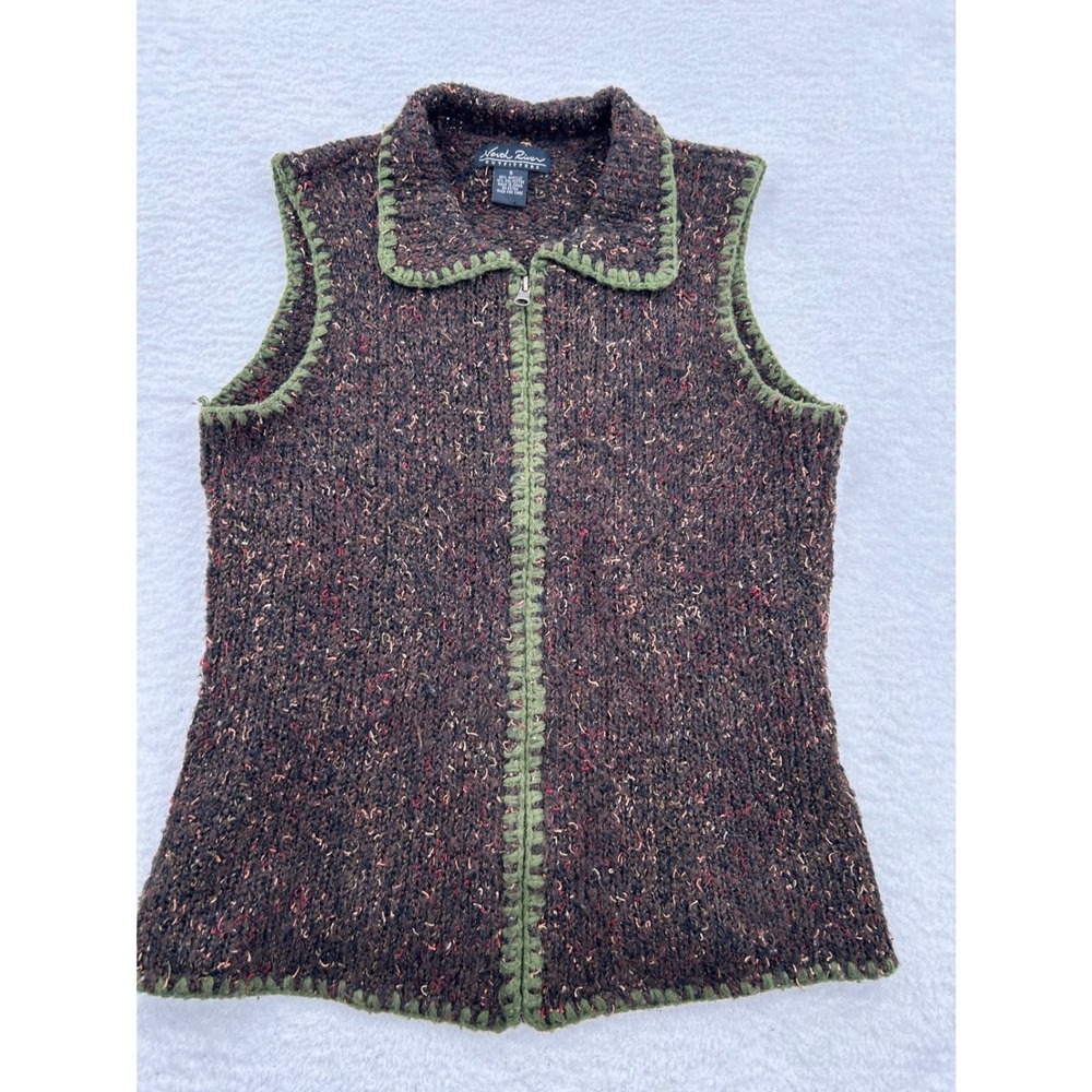 North River Outfitters Womens Sweater Vest Knit Zipper Green Trim Brown Small